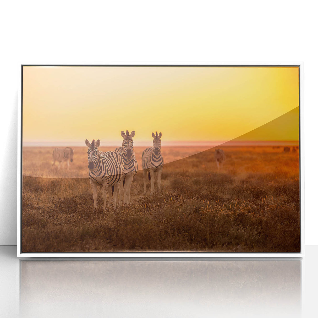 Large art print of a Namibian landscape on framed acrylic, featuring mid-century modernist style with muted earth tones.