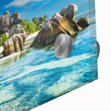 Large abstract wall art depicting a vibrant Seychelles scenery on acrylic glass, ideal for dining room art.