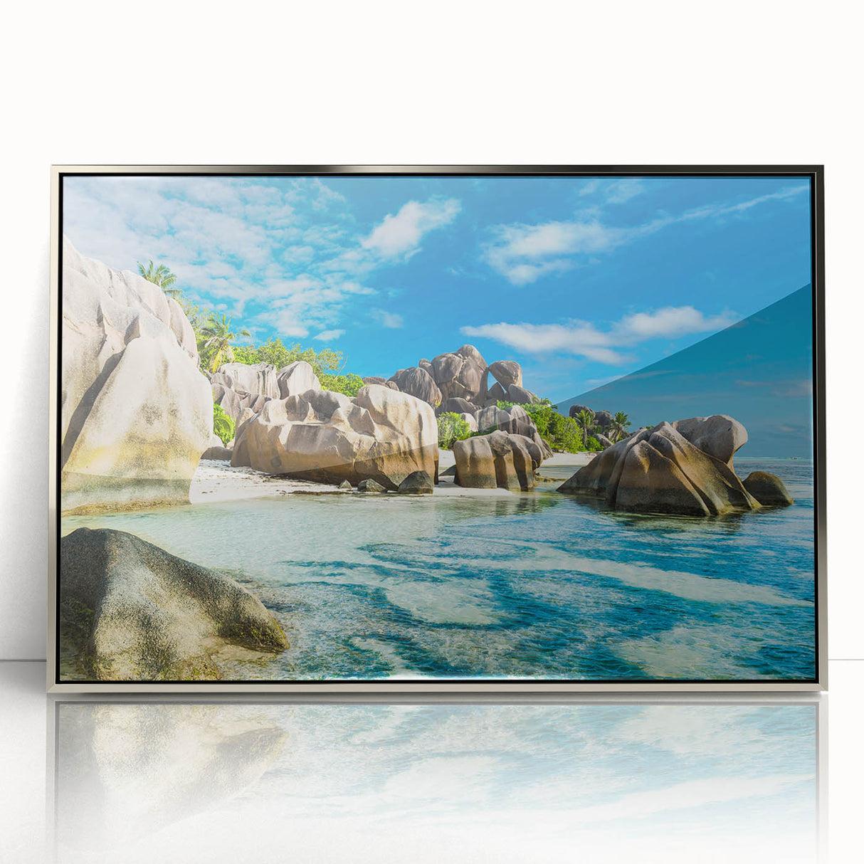 Large art print of a serene Seychelles landscape in muted green and blue tones on framed acrylic.