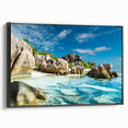 Black and white framed canvas of a Seychelles landscape, ideal for bedroom wall art.