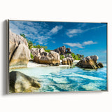 Framed canvas depicting a colorful Seychelles landscape, ideal for adding a vintage touch to a living room.