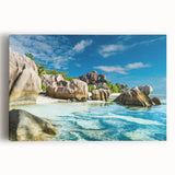 Black and white photograph of Seychelles scenery on large stretched canvas, ideal for kitchen wall art.