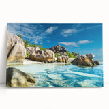 Black and white photograph of Seychelles scenery on large stretched canvas, suitable for kitchen wall art.