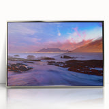 Mid-century modernist art depicting the South African landscape in muted earth tones, framed in silver acrylic.