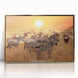 Acrylic print of a Tanzanian landscape featuring a golden savannah under a broad sky, framed in gold.