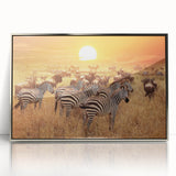 Mid-century modernist art depicting a serene Tanzanian landscape on a silver-framed acrylic, suitable for nursery wall art.