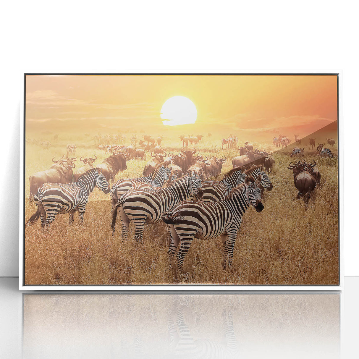 Acrylic framed art deco poster depicting Tanzania scenery in muted earth tones, suitable for modern nursery decor.