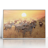 Acrylic framed art deco poster depicting Tanzania scenery in muted earth tones, suitable for modern nursery decor.