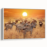 Vintage poster art of an African scenery on framed canvas, featuring vibrant colors and black accents.
