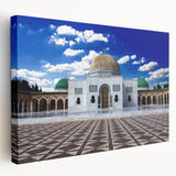 Side view of a stretched canvas depicting a Tunisian landscape in earthy tones, suitable for kitchen wall art.