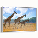 Vintage poster art of an African savannah scene in vibrant colors on a framed canvas, ideal for living room decor.