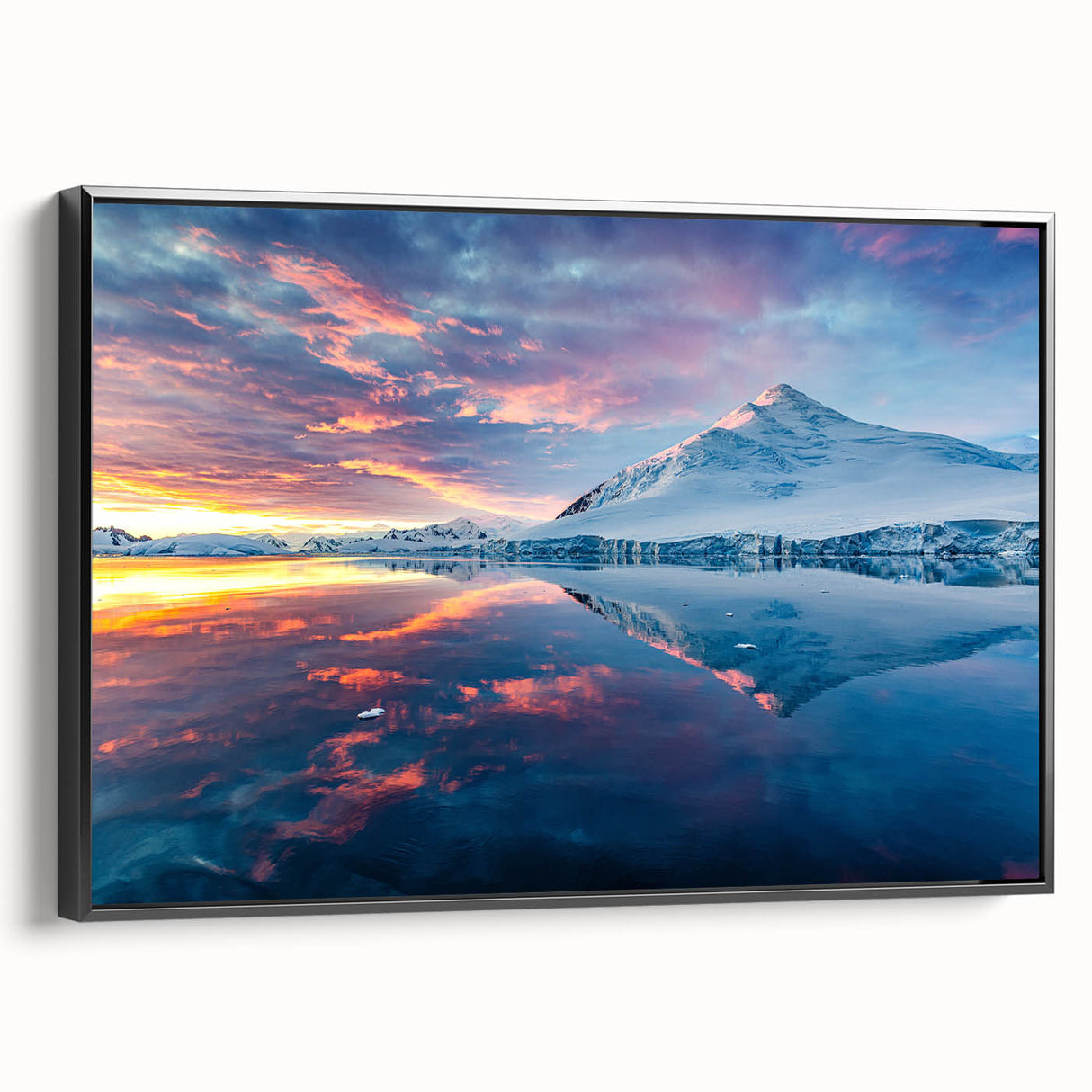 Black and white framed canvas depicting a vintage Antarctic landscape, ideal for bedroom wall decor.