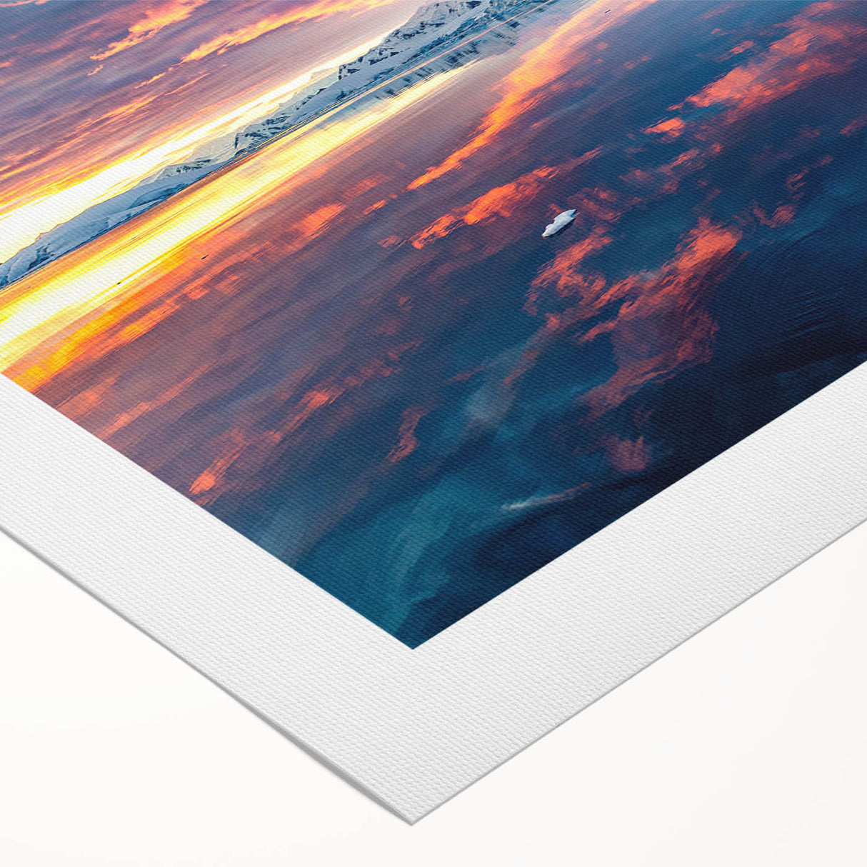 Art deco poster of Antarctic scenery on rolled canvas, featuring cool blue and white tones.