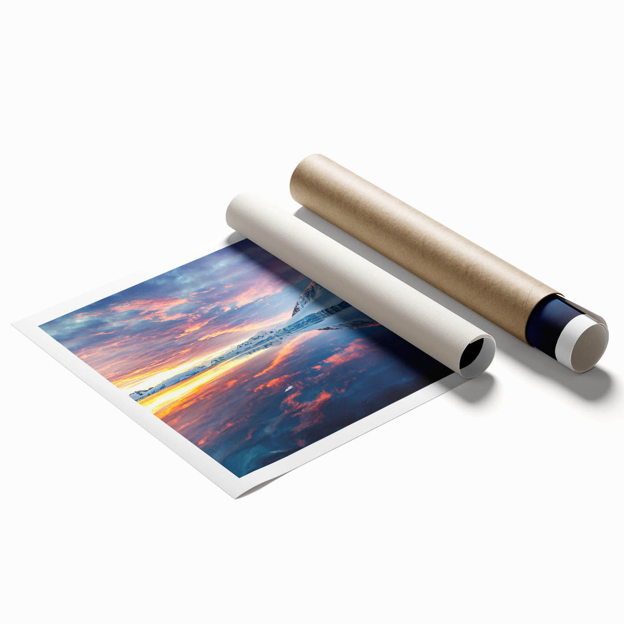 Extra large rolled print depicting a serene Antarctic landscape in muted blue and white tones.