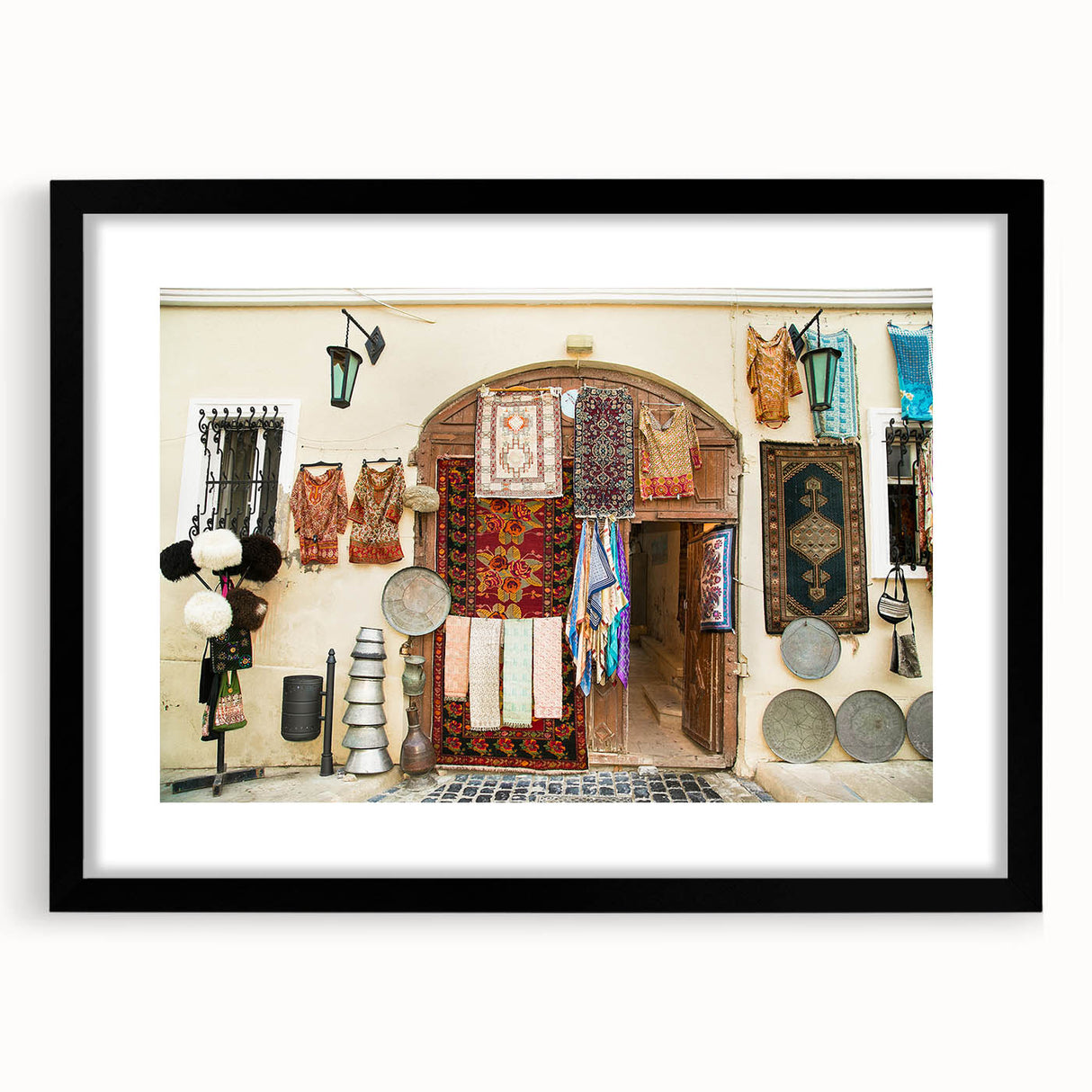 Extra large abstract art print featuring a colorful, textured depiction of an Asian scenery on a framed black mat.