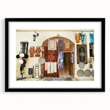 Extra large abstract art print featuring a colorful, textured depiction of an Asian scenery on a framed black mat.