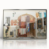 Mid-century modernist art depicting Asian scenery in muted earth tones on a framed acrylic print.