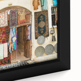 Extra large framed canvas featuring a textured depiction of an Asian scenery in black with colorful elements.