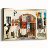 Framed canvas featuring a vintage-style landscape painting of an Azerbaijani scenery in muted gold and black tones.