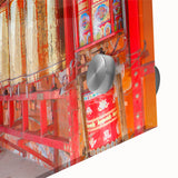 Large abstract wall art of a Bhutanese landscape in muted earth tones on acrylic glass, suitable for dining room ambiance.