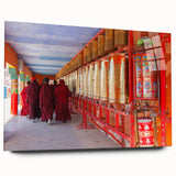 Large abstract wall art depicting a serene Bhutanese landscape in soft earth tones on acrylic glass.