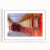 Abstract art print of Bhutanese landscape in muted earth tones on a framed canvas, suitable for dining room decor.