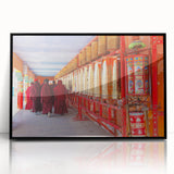 Large abstract wall art depicting Bhutanese scenery in muted earth tones on framed acrylic.