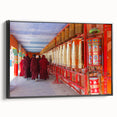 Framed canvas featuring a black and white vintage poster of a Bhutanese landscape, ideal for bedroom wall decor.