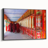 Framed canvas featuring a black and white vintage poster of a Bhutanese landscape, ideal for bedroom wall decor.
