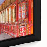 Extra large framed canvas featuring a textured, colorful Bhutanese landscape, ideal for living room decor.
