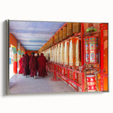 Landscape art painting of Bhutan scenery on silver-framed canvas, featuring colorful art in a vintage poster style.