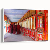 Vintage poster art of Bhutan scenery on a framed canvas, featuring colorful art in extra large format.