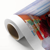 Art Deco poster of Bhutan scenery on rolled canvas, featuring muted earth tones, ideal for nursery wall art.