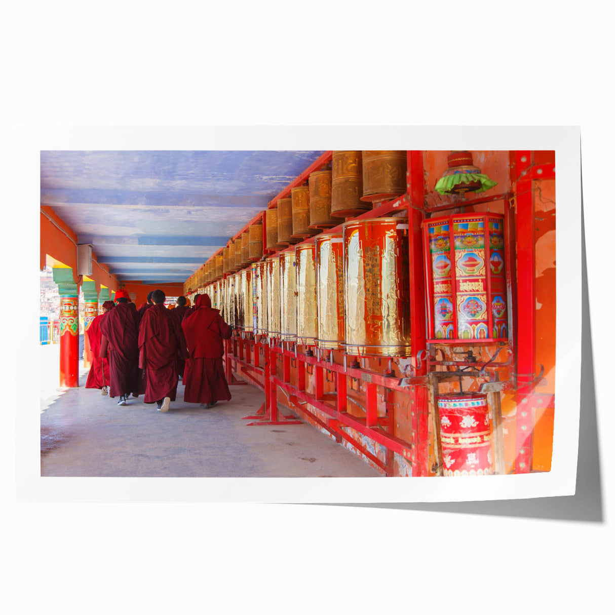 Extra large rolled print of a Bhutanese landscape with vibrant green and blue tones, ideal for art wall dining room decor.