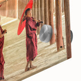 Large abstract wall art depicting a Cambodian scenery in muted earth tones on acrylic glass, ideal for dining room art.