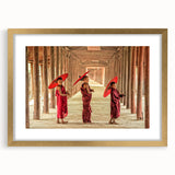 Extra large framed abstract art print of a Cambodian landscape in textured gold and earth tones, ideal for living room decor.