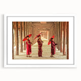 Abstract art print of a Cambodian landscape in muted earth tones on a framed white mat, suitable for dining room decor.