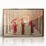 Framed acrylic print of a Cambodian landscape, featuring muted earth tones and mid-century modernist style.