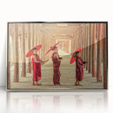 Mid-century modernist art depicting a serene Cambodian landscape in soft earth tones, framed in silver acrylic.