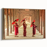 Framed canvas featuring a vintage-style landscape painting of a Cambodian scenery in black and gold tones.