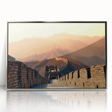 Mid-century modernist art depicting Beijing scenery in muted colors on a silver-framed acrylic print.