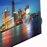 Large abstract depiction of Shanghai skyline in muted grays and blues on acrylic glass, ideal for dining room art.