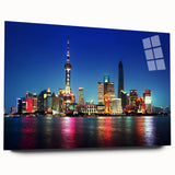 Large abstract wall art depicting the Shanghai skyline in muted gray and blue tones on acrylic glass.