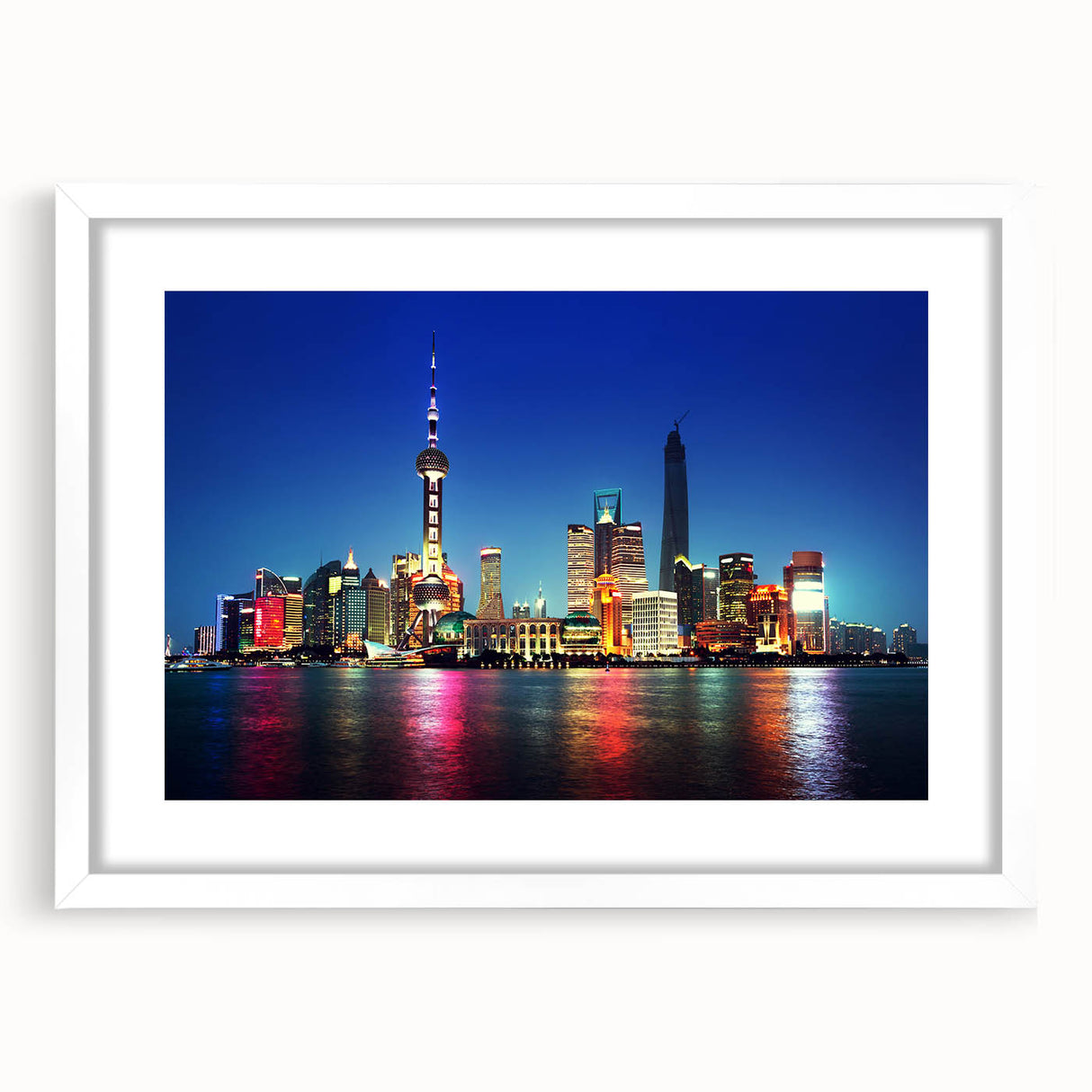 Abstract art print of Shanghai skyline in muted gray and blue tones on a framed white mat.