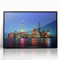 Large abstract wall art depicting Shanghai skyline in muted gray and blue tones on framed acrylic.