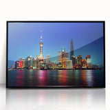 Large abstract wall art depicting Shanghai skyline in muted gray and blue tones on framed acrylic.