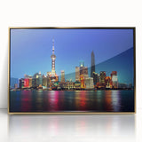Large art print of Shanghai skyline in gold and black tones on framed acrylic, ideal for modern art wall decor.