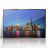 Mid-century modernist art of Shanghai skyline in muted gray tones on a framed acrylic, ideal for modern art wall decor.