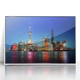 Acrylic print of Shanghai skyline in art deco style with muted gray tones, ideal for modern art wall decor.