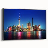 Framed canvas of a black and white Shanghai landscape, ideal for bedroom wall decor.